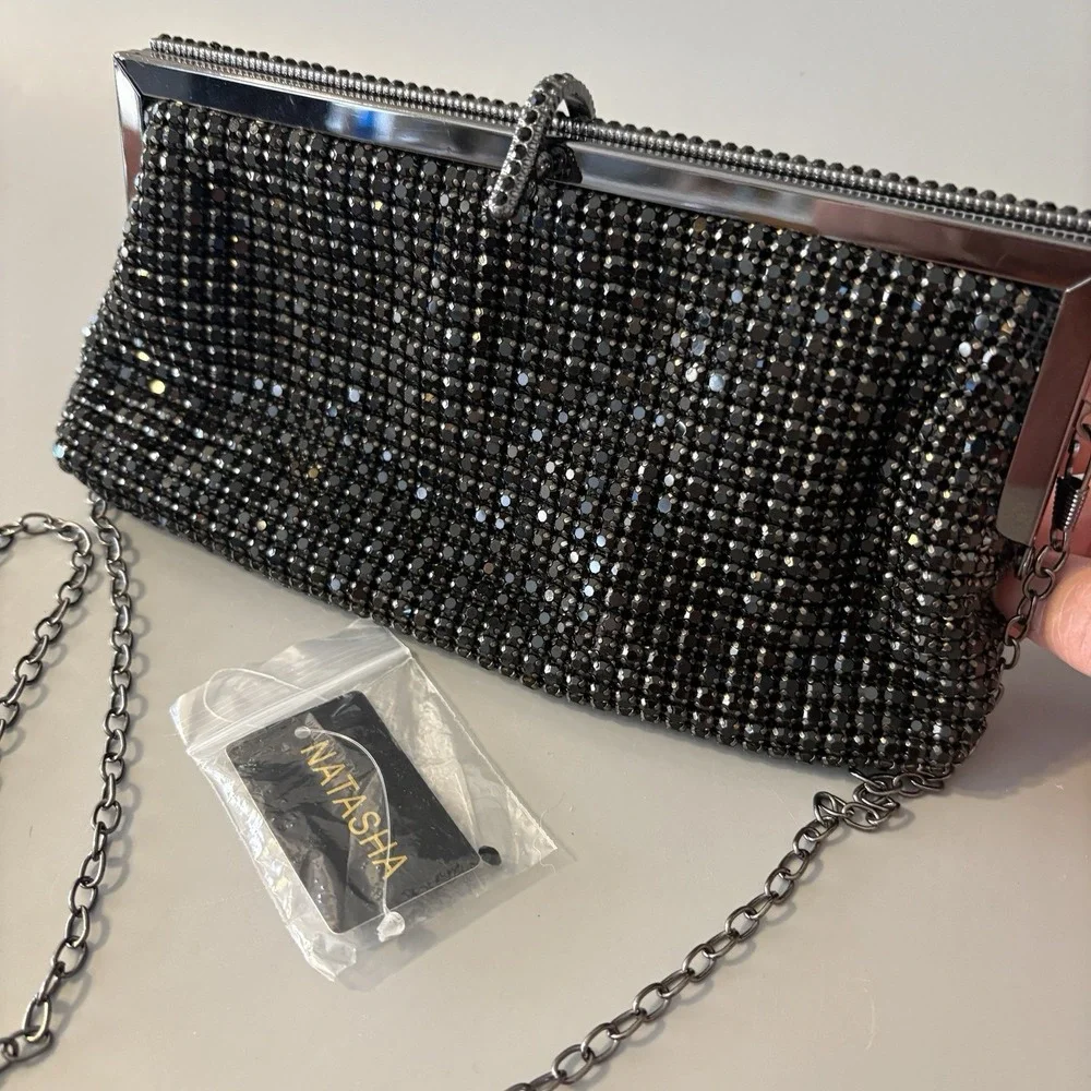 NEW Natasha Crystal Evening Purse Clutch Black Convertible Prong Set Stones